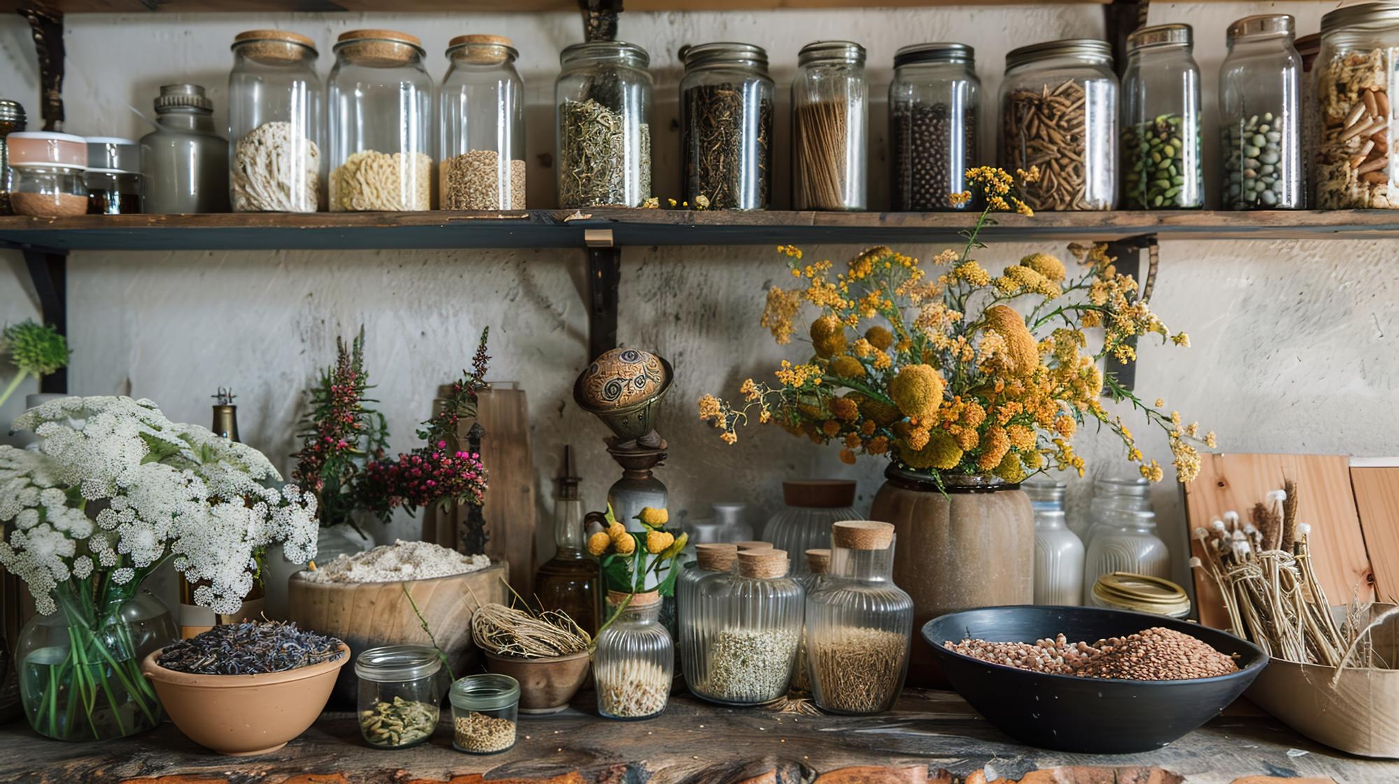 Interior of small artisanal kitchen with jars and herbs