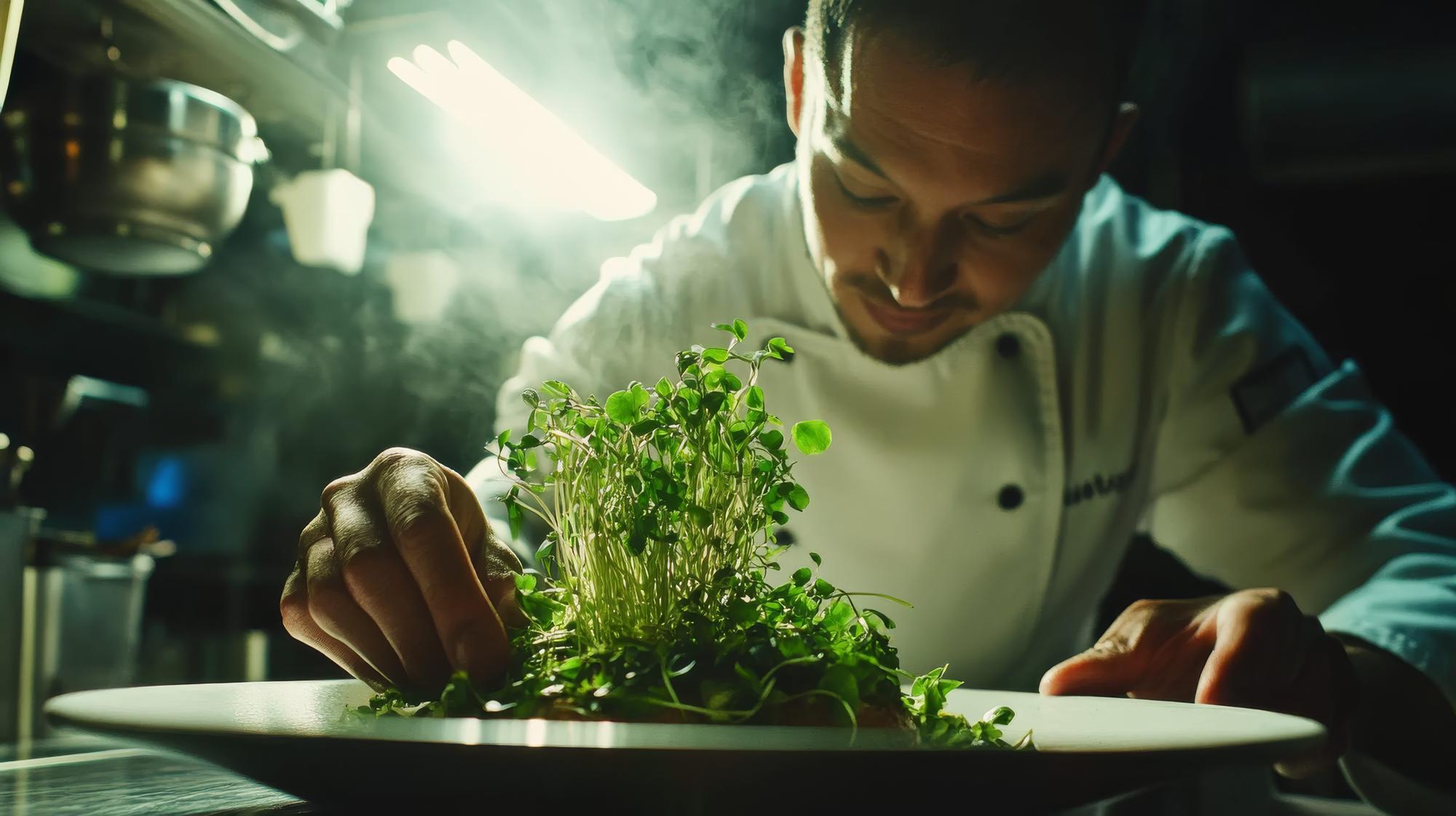 Portrait of head chef sprinkling herbs